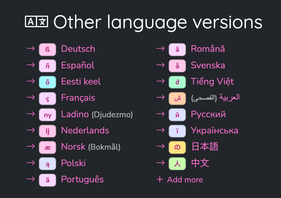 النسخ اللغوية الأخرى: ß Deutsch, ñ Español, õ Eesti keel, , ç Français, ny Ladino (Djudezmo), ij Nederlands, æ Norsk (Bokmål), ą Polski, ã Português, ă Română, å Svenska, ớ Tiếng Việt, ش العربية (الفصحى), й Русский, ї Українська, の 日本語, 人 中文